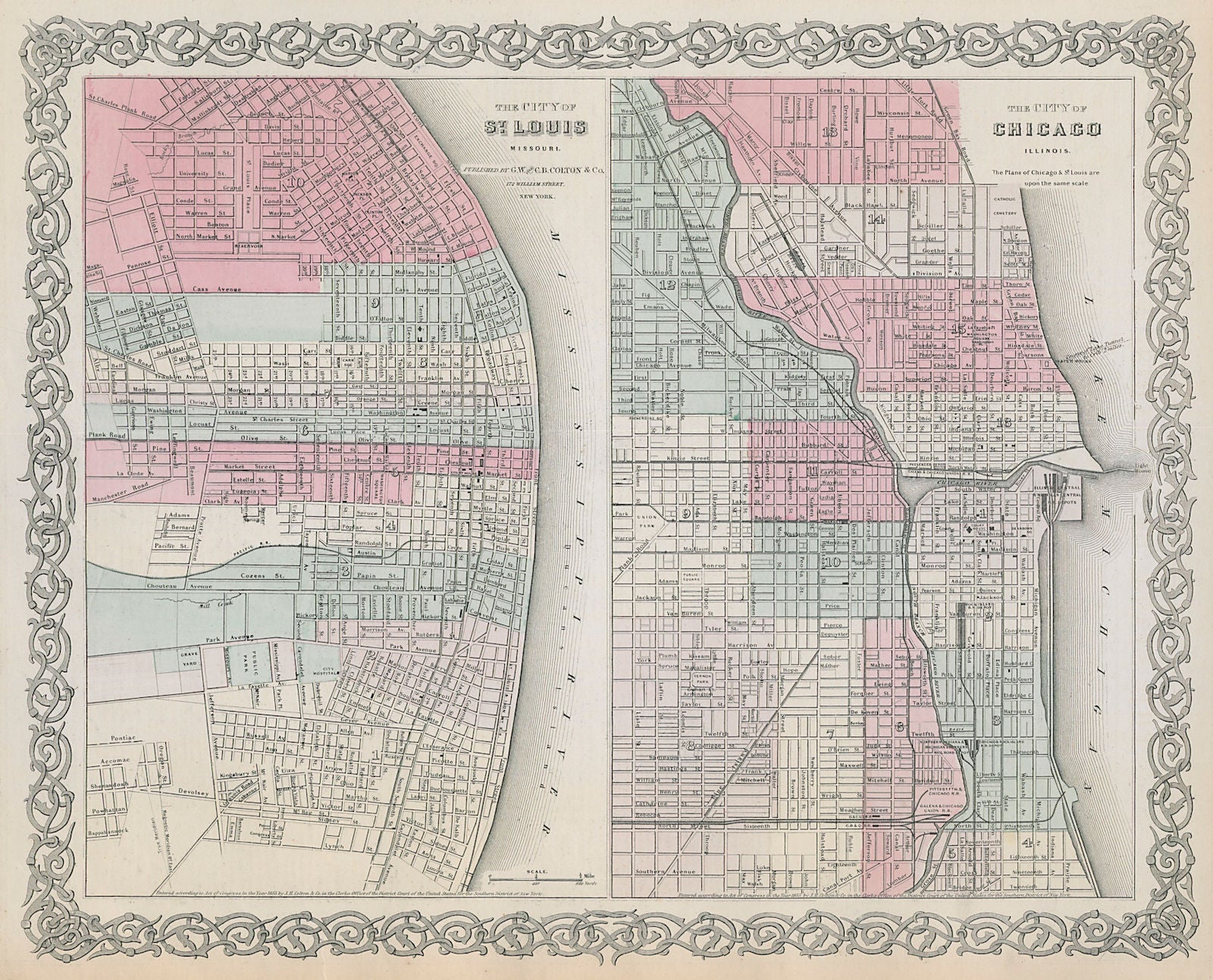 St Louis, Missouri & Chicago, Illinois antique town city plans. COLTON 1869 map